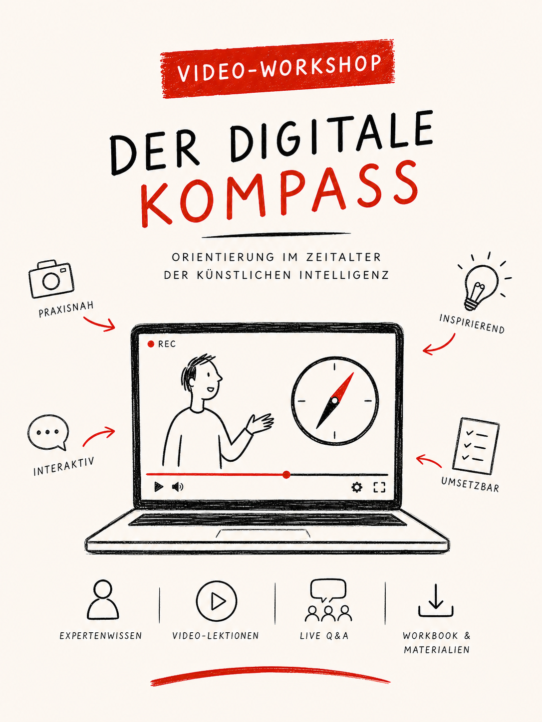 Video-Workshop Der Digitale Kompass — Skizze mit Laptop, Kompass und Lernbausteinen