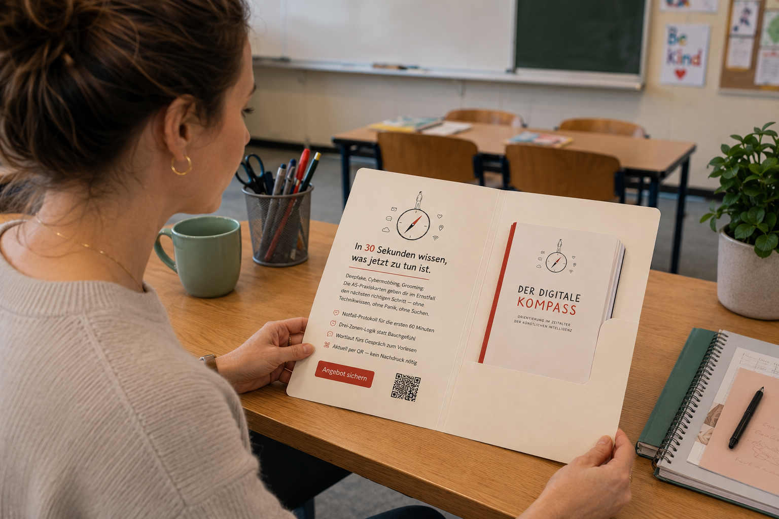 Lehrkraft im Klassenzimmer mit den Praxiskarten „Der Digitale Kompass“